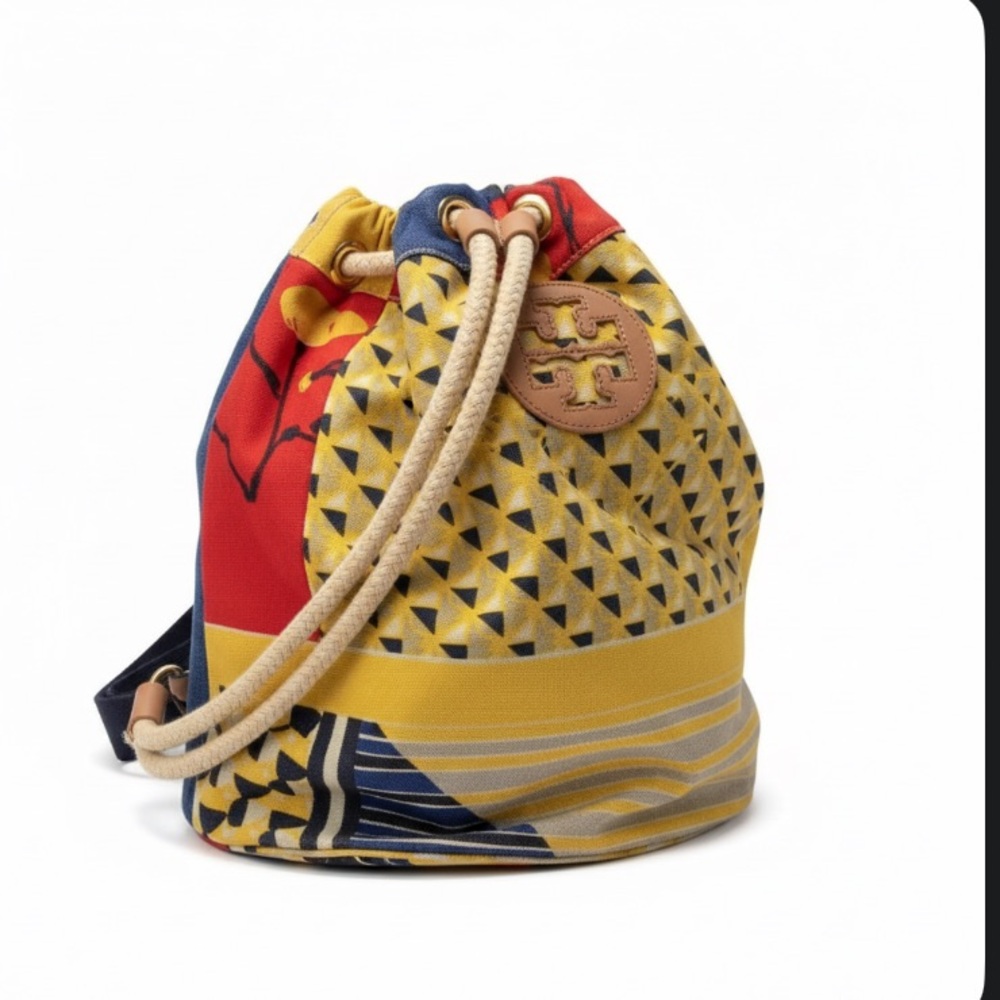 Rare Tory Burch Patchwork Canvas Drawstring Backp… - image 1